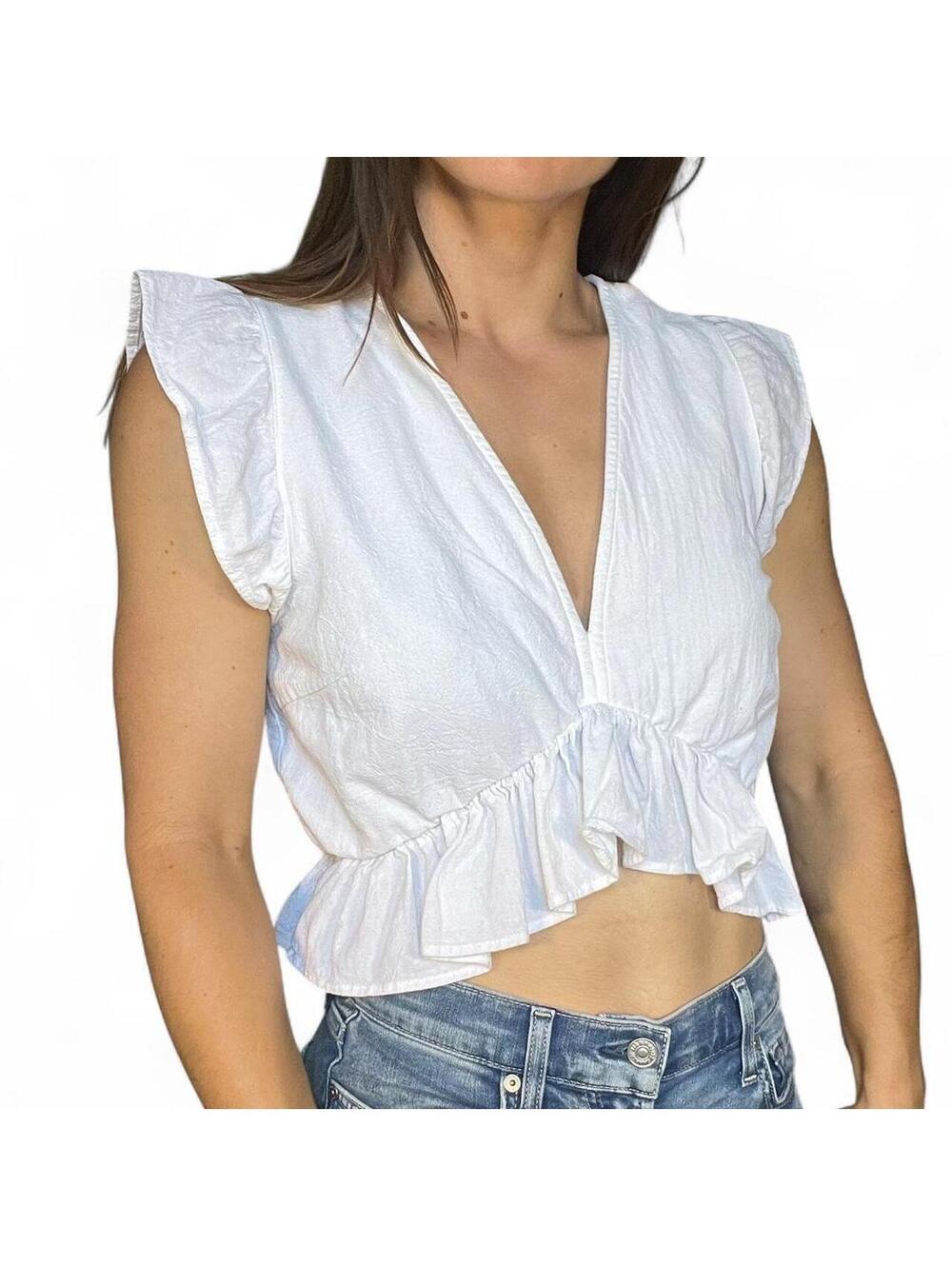 Fancyinn White Ruffle Tie Front Crop Top 100% Cotton Size Medium